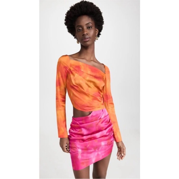 AHLUWALIA Femi Asymmetric Cut Out Satin Print Mini Dress Orange Pink Tie-Dye 8 - Picture 1 of 13